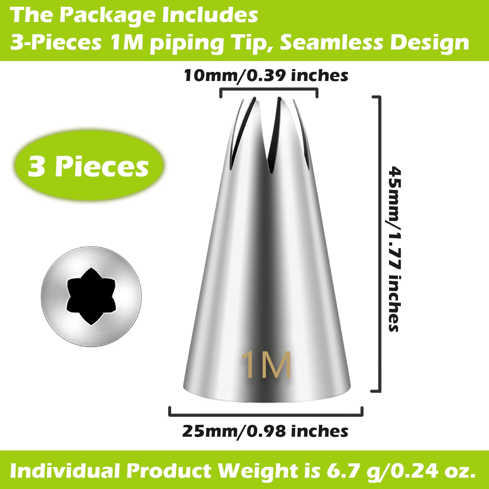 Suuker 1M Cake Decorating Tips, Seamless Stainless Steel Large Star Piping Tips Set, Open Star Frosting Tips for Cupcakes, Cookie and Cake Decorating, 3 Pieces