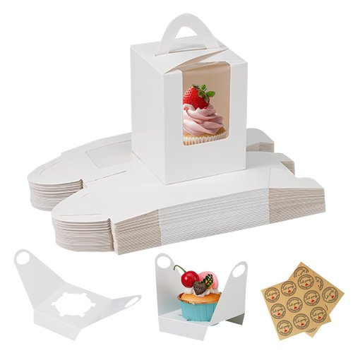 KGVZPT 60 Packs White Cupcake Boxes Carriers with Window&Inserts Handle,3.5x3.5x4.5 Inch,Portable,Individual Cupcake Containers Cardboard Holders for Cookies,Donuts,Candy,Muffins(with Stickers)