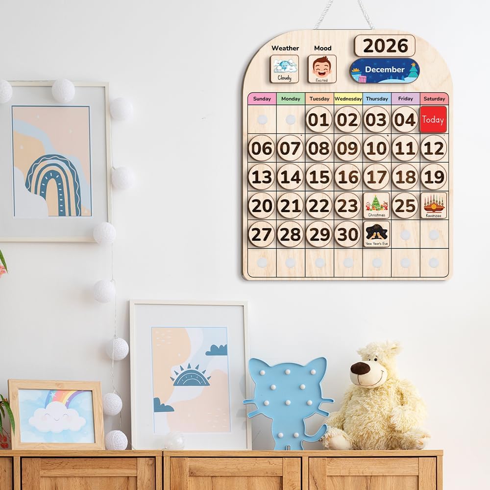 TinyKidz Wooden Calendar - Educational Toddler Calendar for Home & Classroom | Months & Days Learning Tool