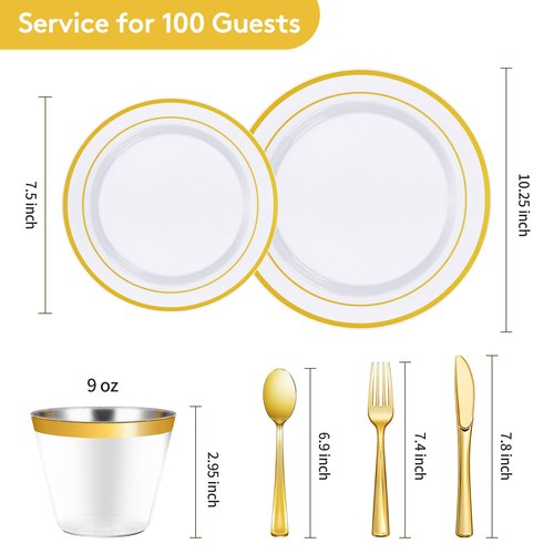 Goodluck 600 Pieces Gold Disposable Plates for 100 Guests, Plastic Plates for Party, Dinnerware Set of 100 Dinner and 100 Dessert Plates, 100 Spoons, 100 Forks, 100 Knives, 100 Cups