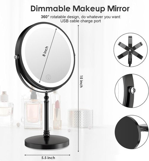 DEIOVWXS Makeup Mirror, 3000mAh Rechargeable Double-Sided Magnifying Vanity Mirror with 3 Colors, 1X/10X, 360° Rotation, Adjustable Brightness, Gifts for Mom, Women,Wife, Girls, Dorm Room Essential