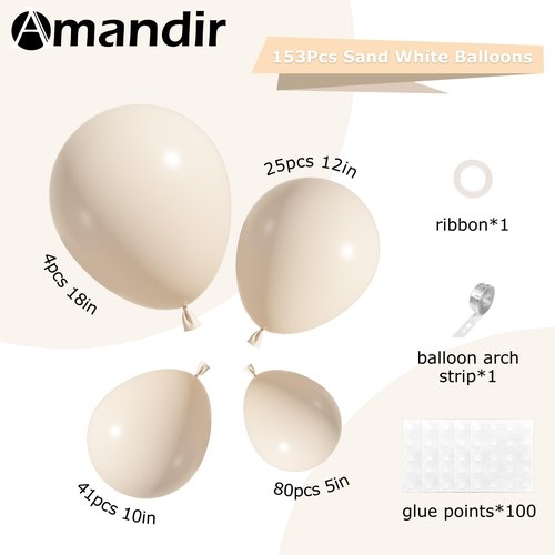 Amandir 153pcs White Sand Balloons Arch Garland Kit Different Sizes 18 12 10 5 Inch Cream Beige Sand White Latex Balloon for Birthday Boho Neutral Baby Shower Wedding Anniversary Party Decorations
