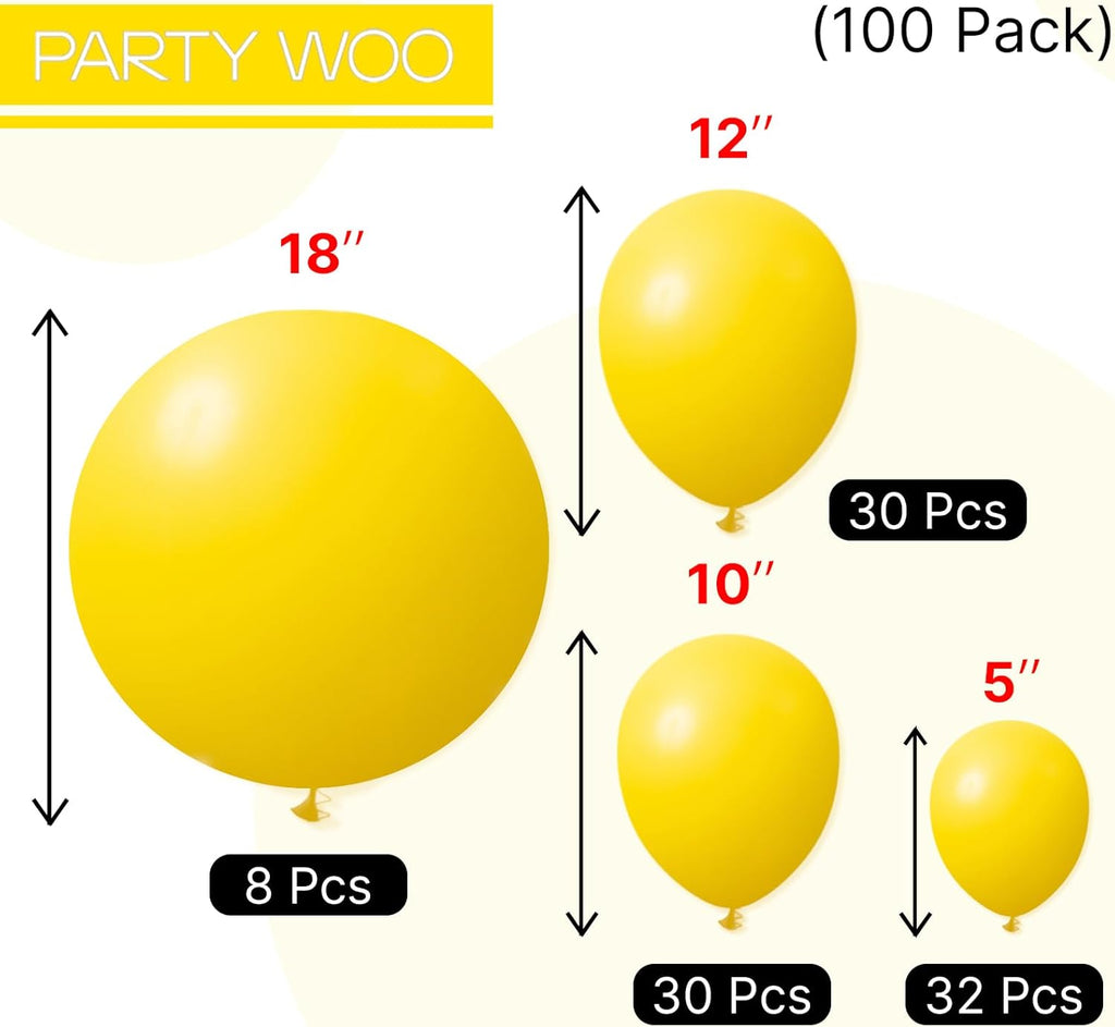 PartyWoo Yellow Balloons - 100pcs Matte Latex Balloons in 5-18 Inch Sizes for Celebrations | Perfect for Baby Showers, Birthdays, and Graduations