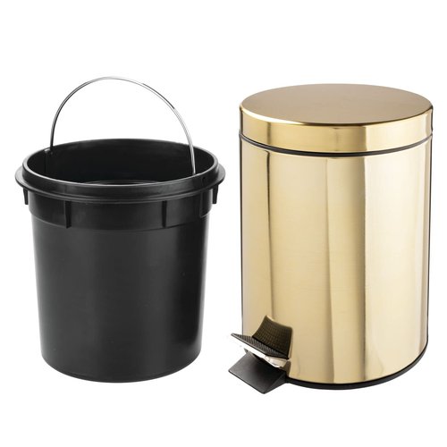 mDesign Metal Steel/Plastic Toilet Bowl Brush/Holder and Round 1.3 Gallon/5L Step Trash Can Combo Set for Bathroom; Holds Trash, Recycling, Deep Cleaning, Mirri Collection, Brass