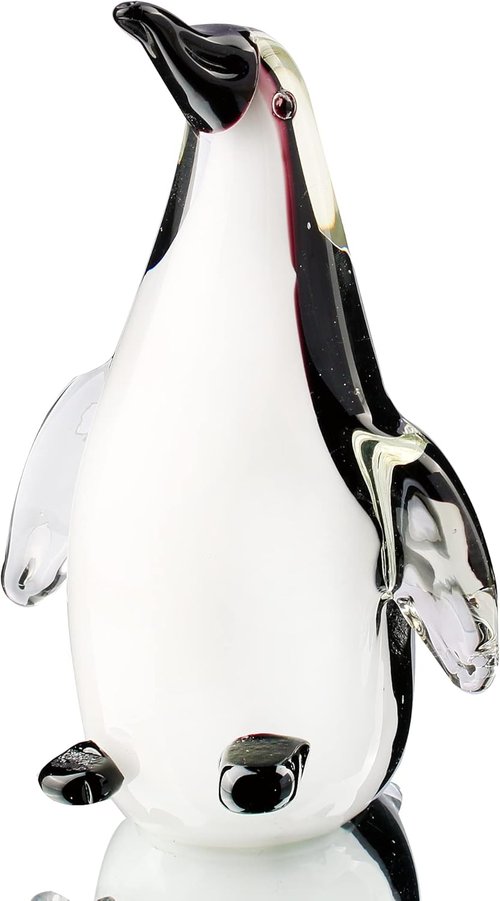 Hophen Glass Penguin Figurine - Handmade Blown Crystal Sculpture | White & Black Collectible Desk Decor