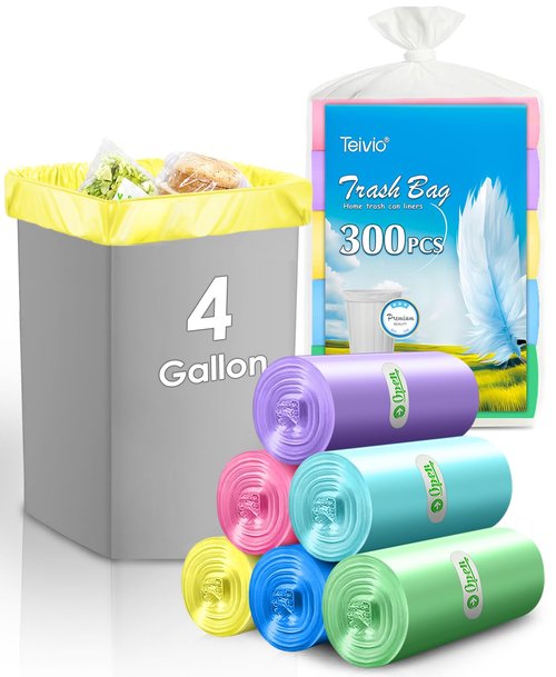 4 Gallon 300pcs Strong Trash Bags Colorful Clear Garbage Bags, Bathroom Trash Can Bin Liners, Small Plastic Bags for home office kitchen, fit 12-15 Liter, 3,3.5,4.5 Gal,Multicolor