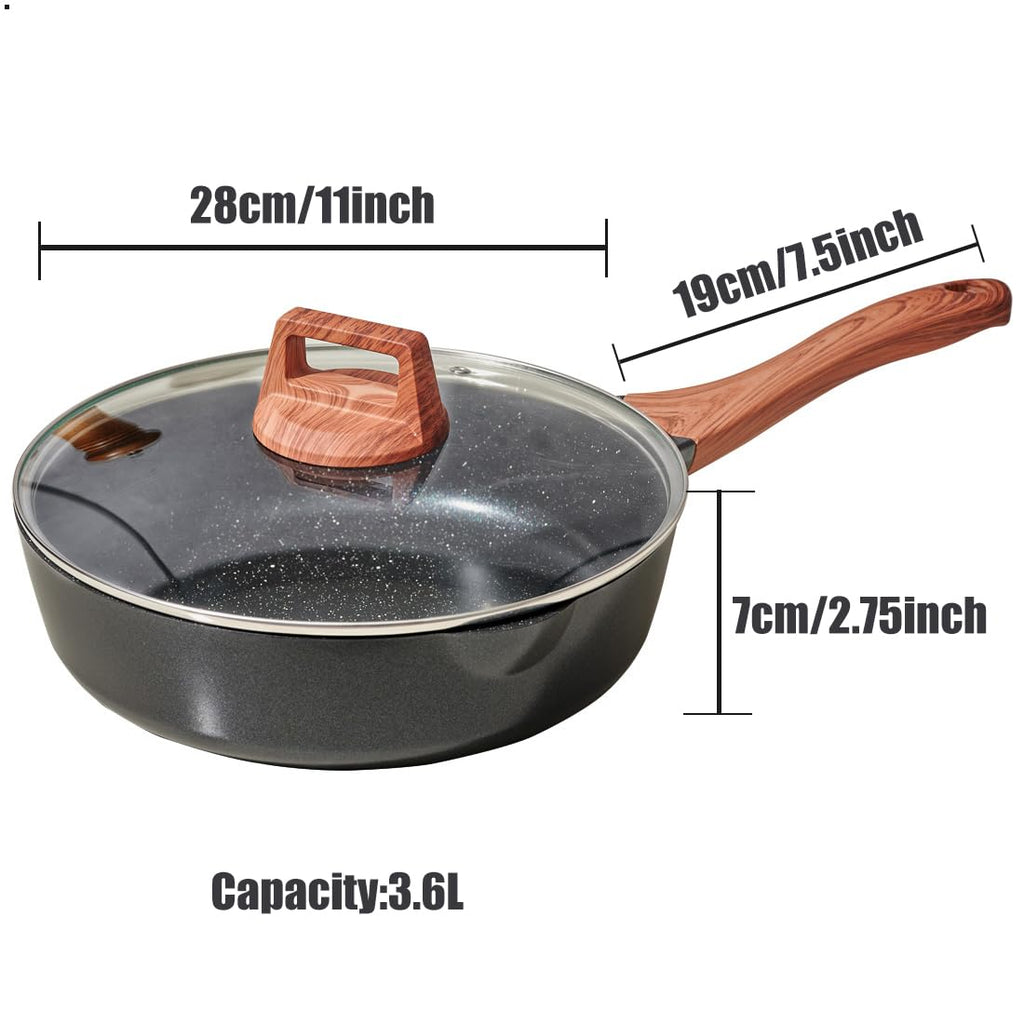 SC Cooker Frying Pans Nonstick With Lid, 11 Inches Granite Nonstick Frying Pan With Pour Spout, Last Longer Omelette Pan, Skillet With Lid, Non Toxic,Pb,Cd PFOA Free (Black, 11 inches)