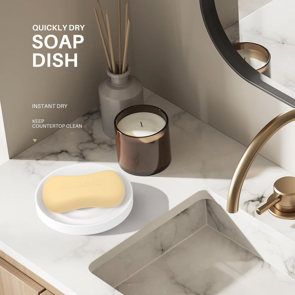 Slow Slog 2 Pack Diatomite Soap Dish Holder, Quick Dry Stone Bar Holder, Water Absorbent Bath Dish Holder, Diatomaceous Earth Soap Tray for Hand Soap, Sponge Organizer, White