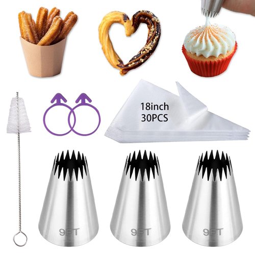 3Pcs Large Churro Piping Tips and Bags Set,9FT Pastry Tips with 30PACK 18Inch Large Piping Bags Disposable for churros maker,French Star Piping Tips for Eclairs,Butter Cookies,Cupcake Decorating tips