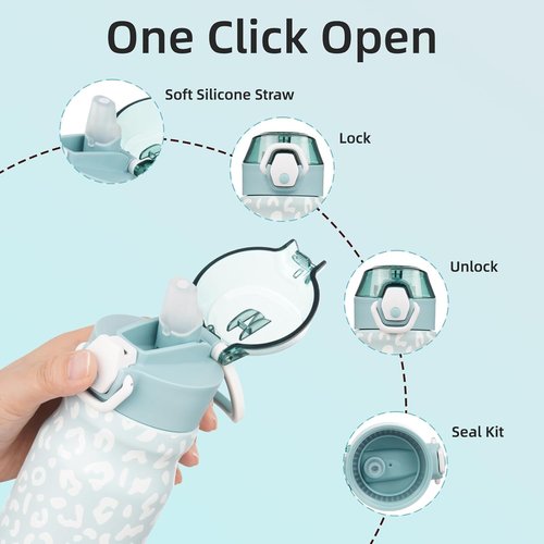 BJPKPK Insulated Water Bottle - 14oz Stainless Steel Flask with Straw & Leak-Proof Lid | Light Blue Leopard