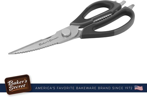 Baker's Secret Kitchen Scissors - 8.5" Stainless Steel Shears with Nut Cracker & Bottle Opener - Black Handle