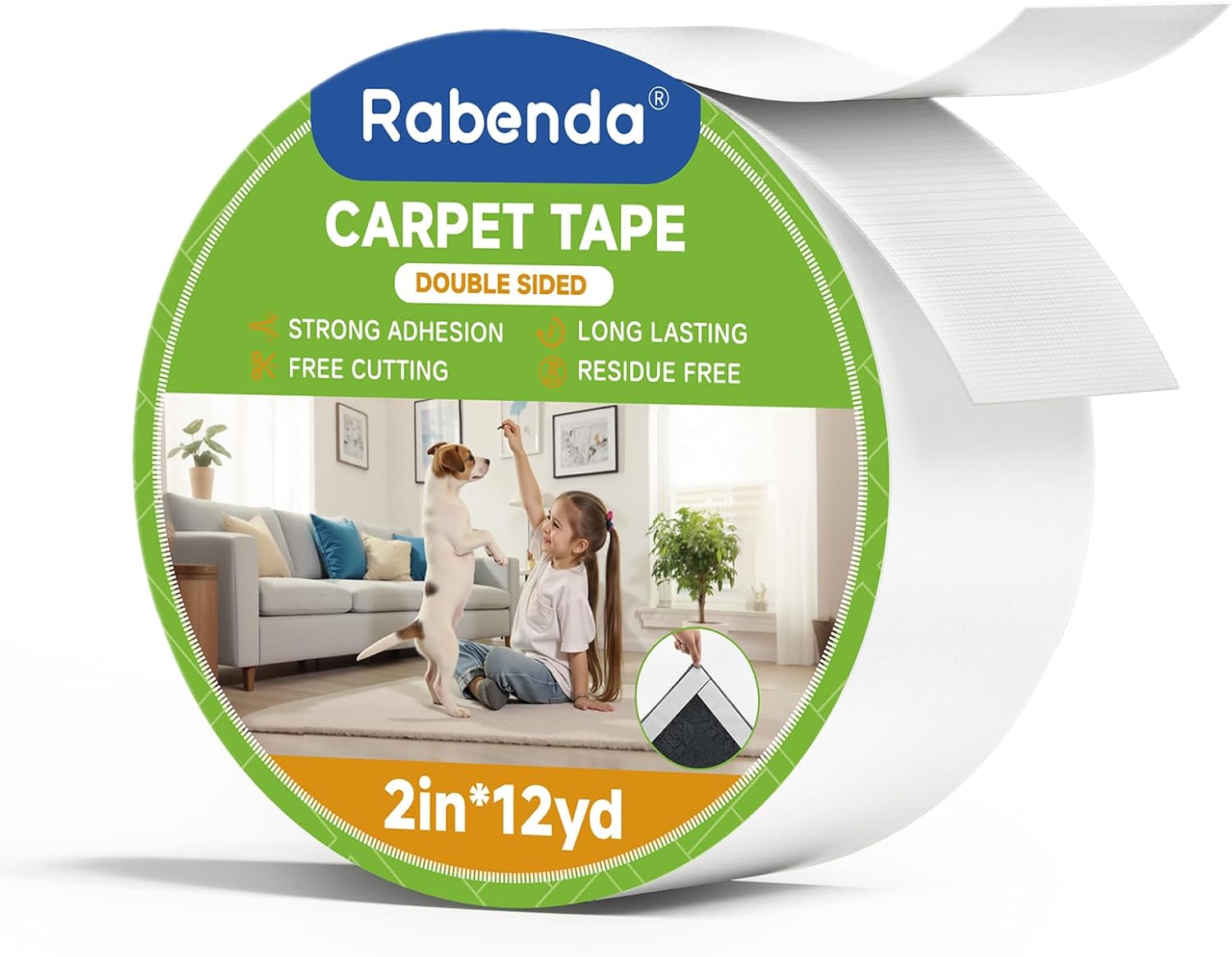 Rabenda Double-Sided Carpet Tape - 2 Inch x 12 Yards Removable Rug Tape for Hardwood & Tile Floors - Strong Hold, No Residue