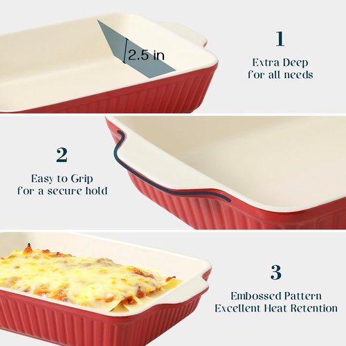 DOWAN Casserole Dishes - Set of 3 Rectangular Ceramic Baking Dishes | 135 oz Capacity, Red (15.6''/12.2''/8.9'')
