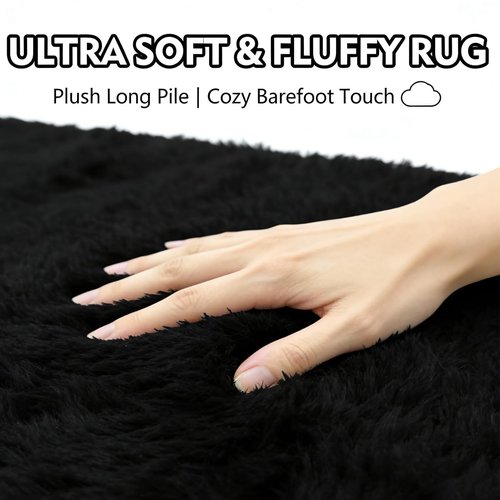RUN HELIX Black Bathroom Rugs Sets 3 Piece Shaggy Bath Mat Non-Slip Mats Water Absorbent Bath Rug Floor Mats Soft Washable Shower Rug with U-Shaped Contour Rug Toilet Lid Cover Home Decor Accessories