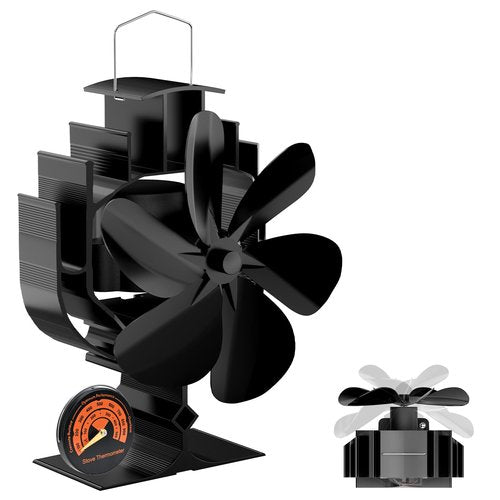 Gisam Oscillating Wood Stove Fan - 60° Left-Right Rotation, 6-Blade Heat Powered Fireplace Fan with Magnetic Thermometer, Non-Electric for Fast Warm Air Circulation