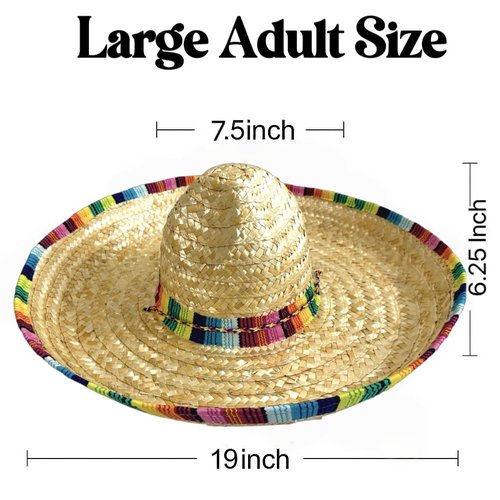 GiftExpress Straw Sombrero Hat 19" Wide, Adult Unisex Mexican-Style Fiesta Hat with Serape Band & Adjustable Chin Strap for Cinco de Mayo, Halloween & Party Costumes
