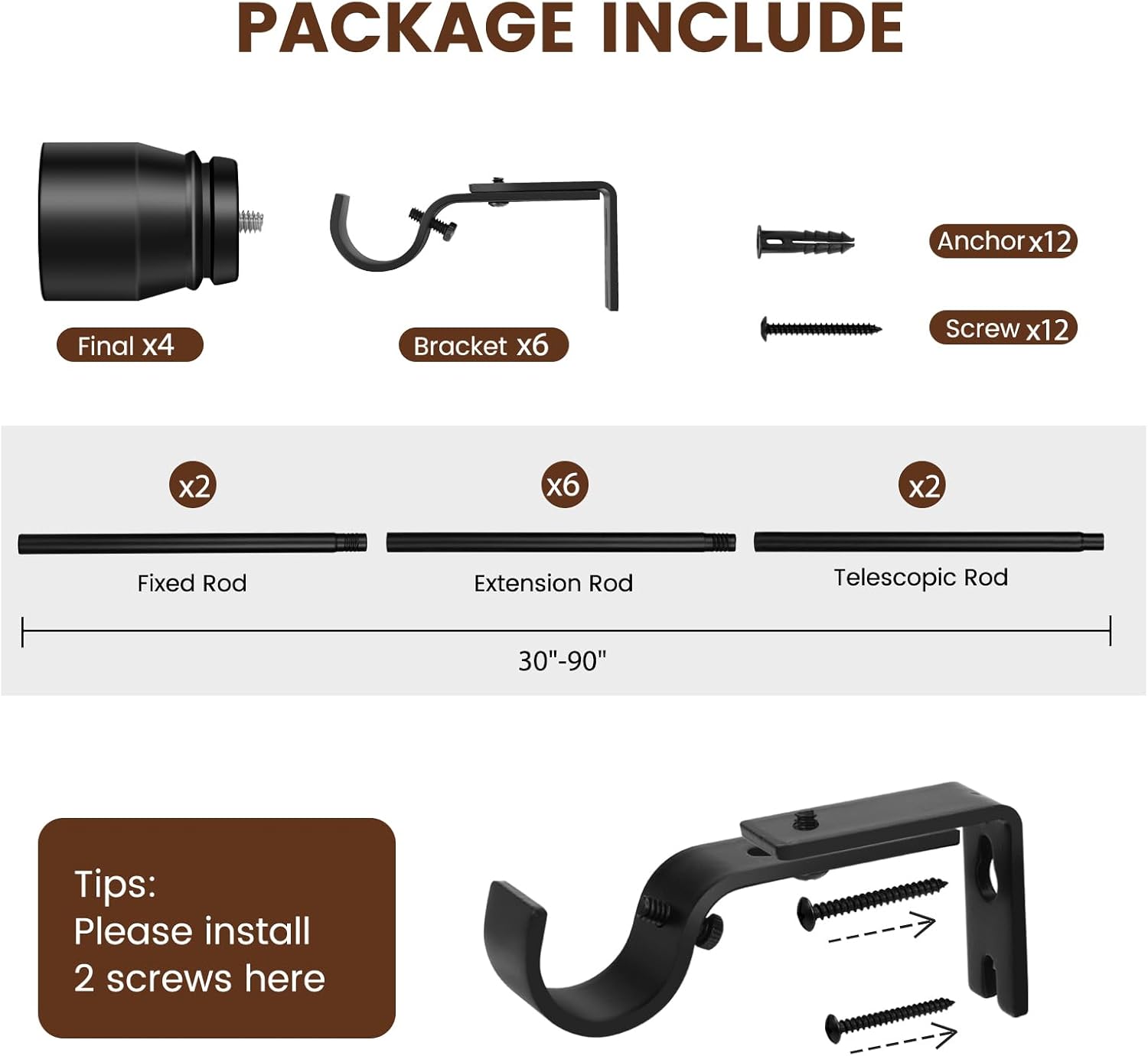 Skiennix Matte Black Curtain Rod - Adjustable 30-90 Inch Heavy Duty Telescopic Design | 2 Pack