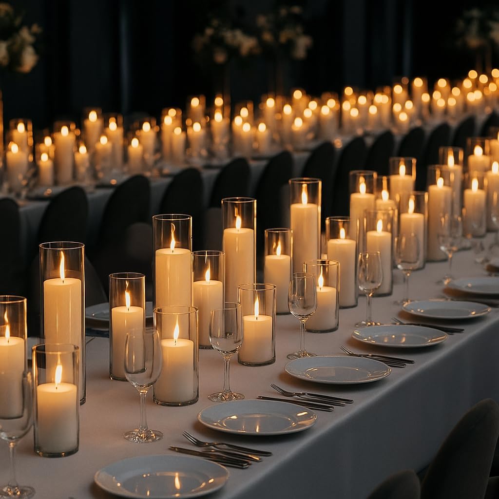 Regine Switzerland Set of 6 White Pillar Candles - Elegant Glass Hurricane Holders for Weddings & Home Decor