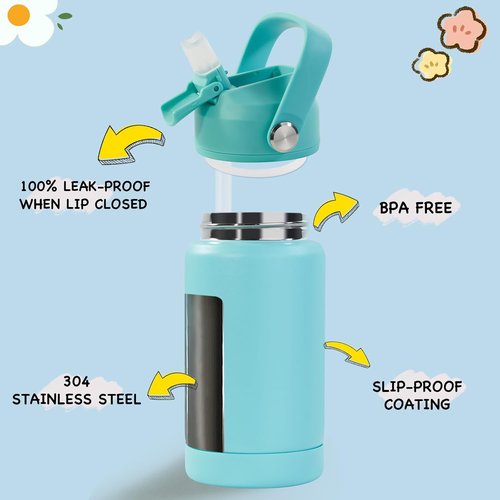 Kerilyn Kids Water Bottle - 12oz Stainless Steel Insulated Cup | Leak-Proof, BPA-Free, Green
