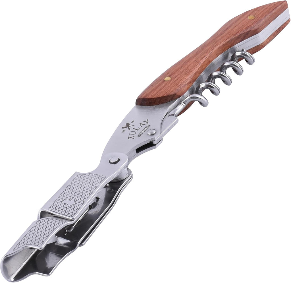 Zulay Kitchen Corkscrew Wine Opener - Premium 420 Stainless Steel & Rosewood Wine Bottle Opener - Double Hinged Opener with Foil Cutter & Cap Remover - Rosewood