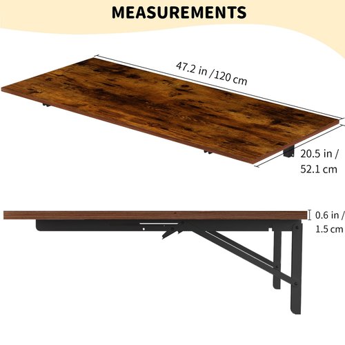 GOYLSER Wall Mounted Folding Table for Office, Rustic Brown Fold Down Desk Laundry Folding Table Wall Mounted for Laundry Room/Home Kitchen, Length 47" Width 20.5"