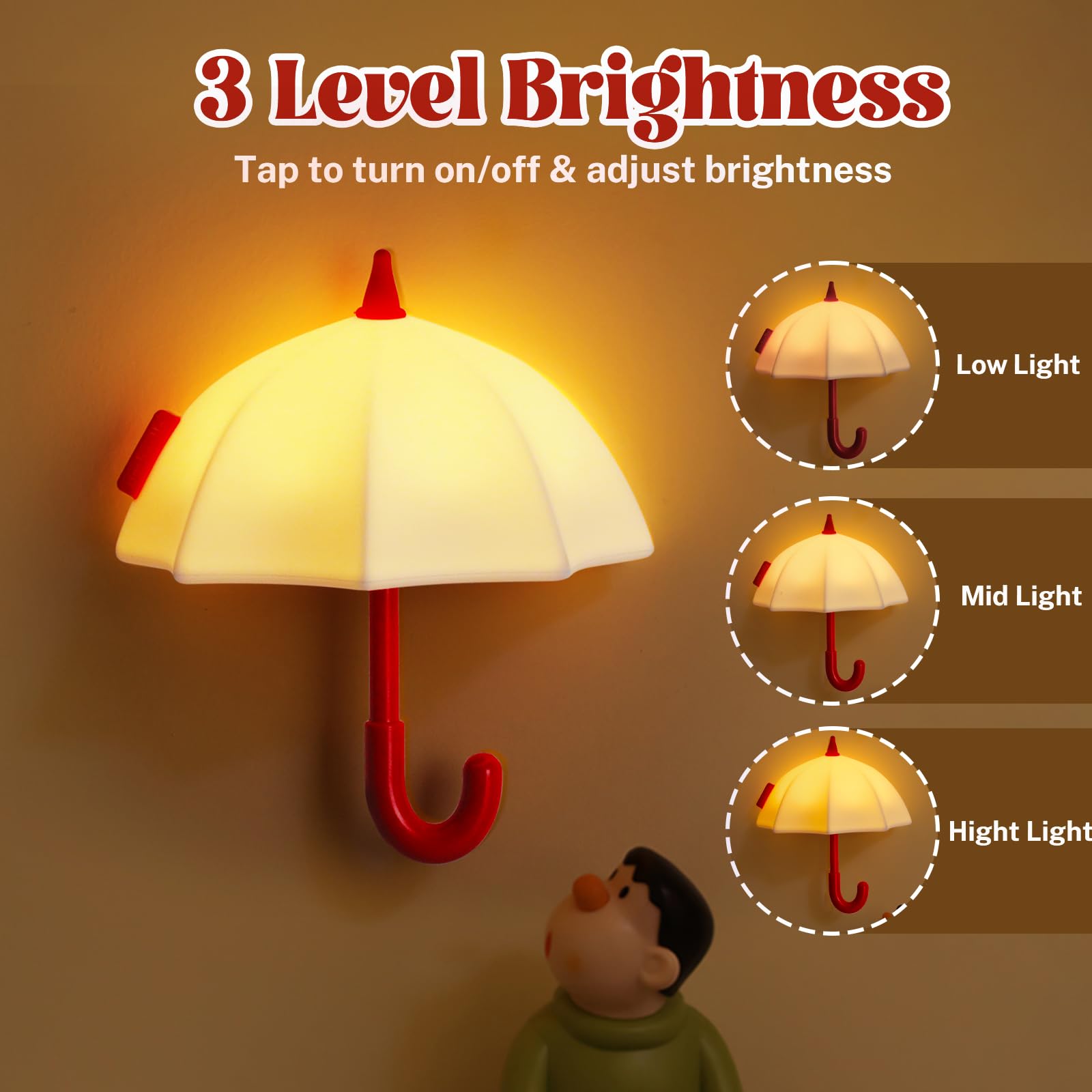 Umbrella Night Light for Kids, 3 Levels Dimmable Silicone Tap Lamp for Baby Nursery, Rechargeable Squishy Bedside Night Lamp for Bedroom, Light-Up Magnetic Fridge Magnets for Kitchen (White)