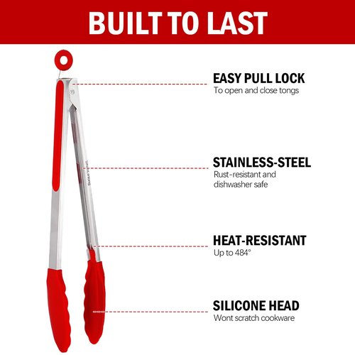 Shanlihong Silicone Kitchen Tongs for Cooking - 9+12 Inch Heat-Resistant Stainless Steel Cooking Tongs with Non-Slip Handle, Non-Scratch Tips for, BBQ, Salad & Air Fryer - 2-PieceRedSet