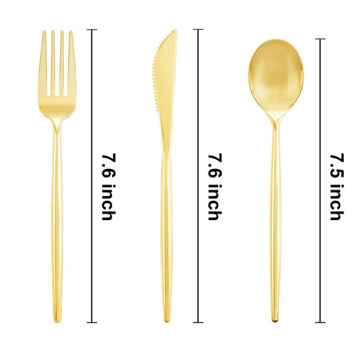 U-QE 180Pcs Gold Plastic Knives, Disposable Heavy Duty Plastic Silverware, Heavyweight Knives, Gold Flatware Perfect For Parties, Weddings and Everyday Use