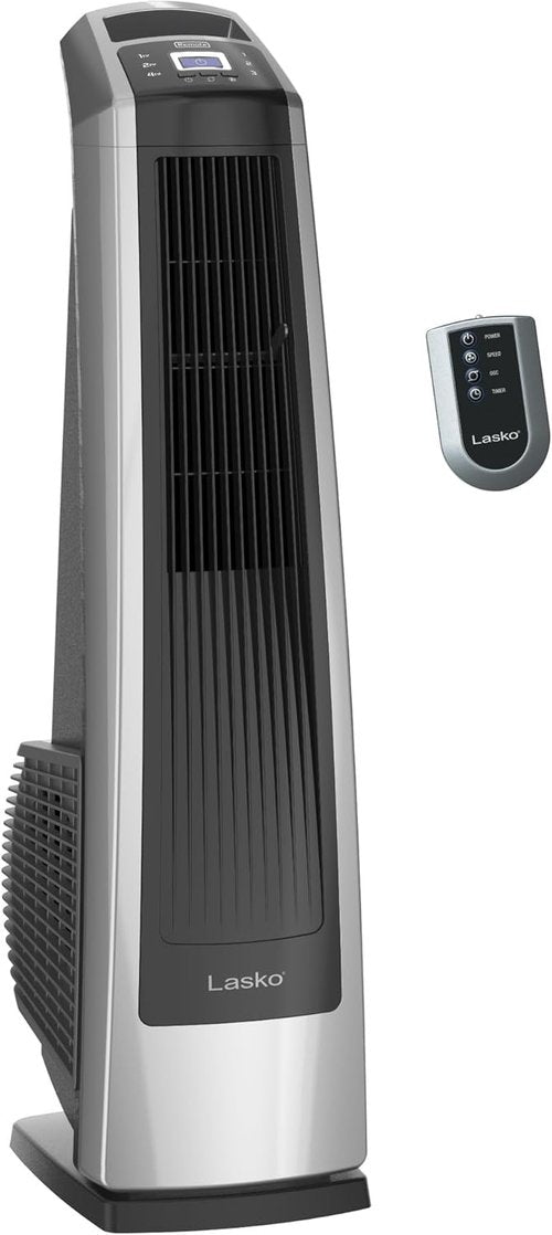 Lasko High Velocity Oscillating Tower Fan - Remote Control, Timer, 3 Speed Settings | 35" Silver/Black