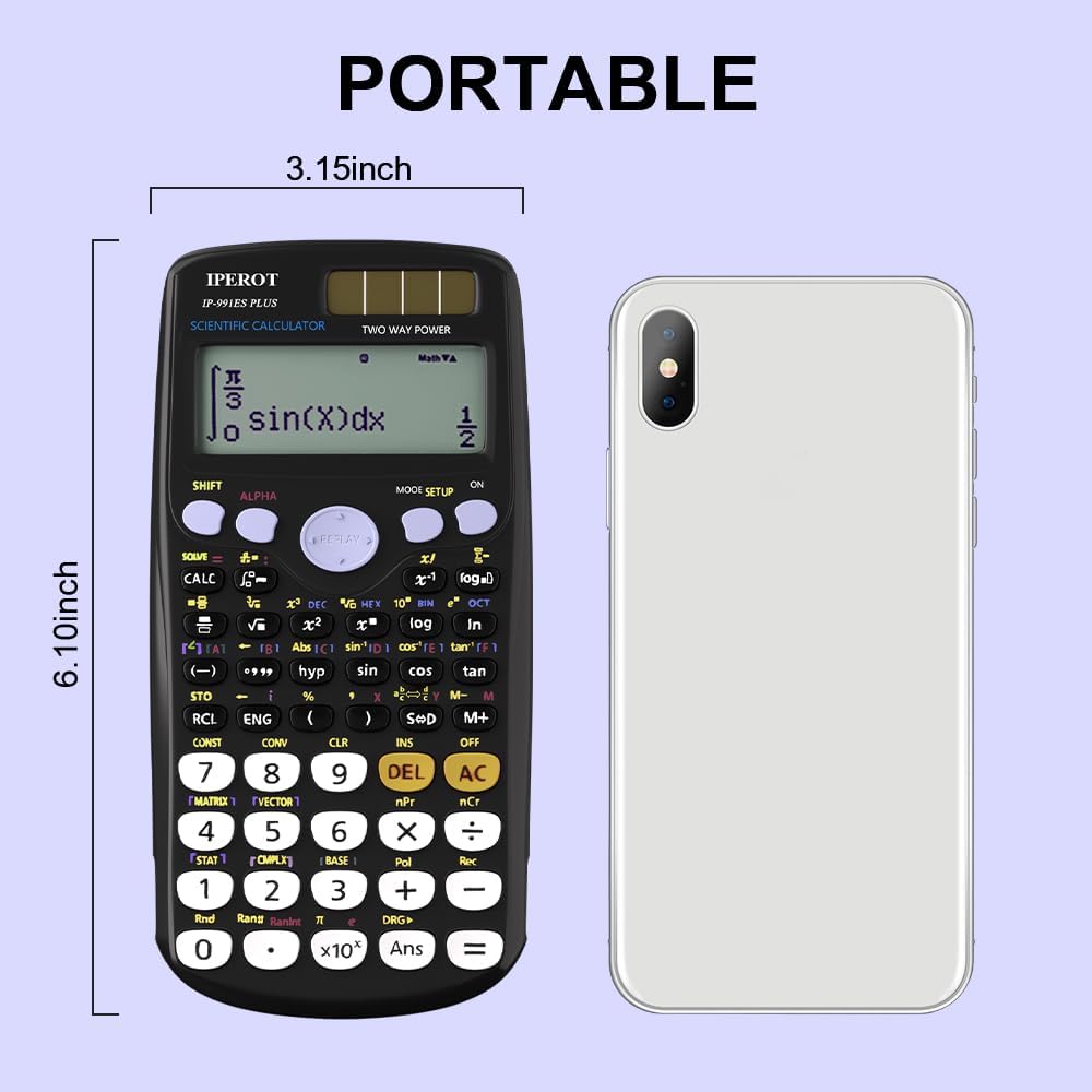 Scientific Calculators, IPEROT Black Math Calculator with 417 Function, Solar Battery Power and 4-Line Display, School Supplies for Middle High College Students Teachers (Black 991ES)
