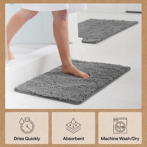 GORILLA GRIP Bath Rug Mat - Thick Soft Chenille Microfiber | Quick-Dry & Washable, 24x17, Grey