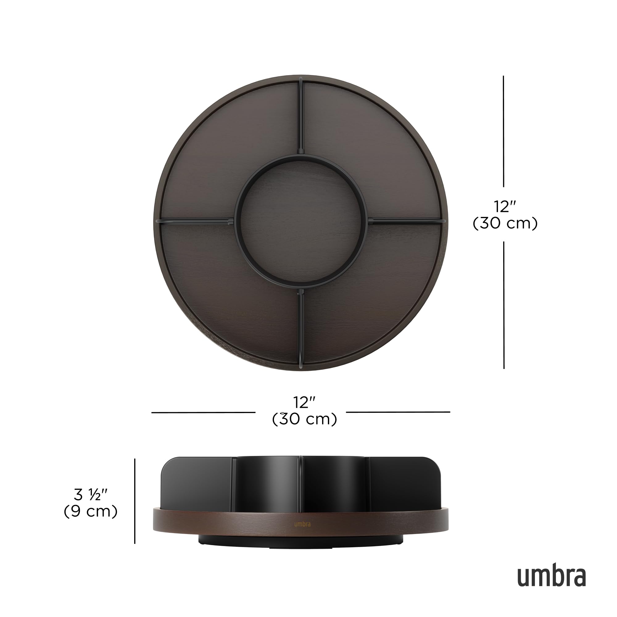 Umbra Bellwood Lazy Susan Divided Tray Organizer for Pantry Spices and More, Made of Durable Plastic and Wood, Black/Walnut
