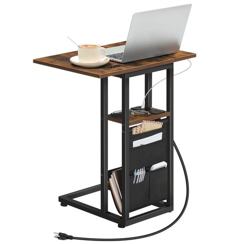 HOOBRO Foldable End Table with Charging Station, C Shaped Side Table with Storage Bag, Slide Under Sofa Couch Table for Small Spaces in Living Room, Bedroom, Easy Assembly, Rustic Brown BF101USF01
