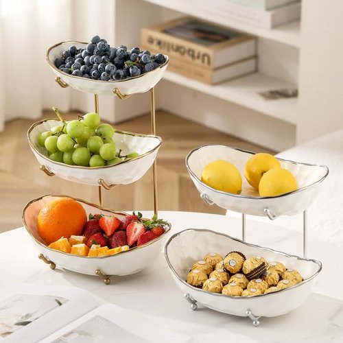 YYW 3 Tier Fruit Bowl for Kitchen Counter, White Ceramic Fruit Basket for Countertop, Home Fruit Stand with Metal Holder, Vegetable Bowl Snacks Nuts Bread Candy Storage (Gold 3-layer)