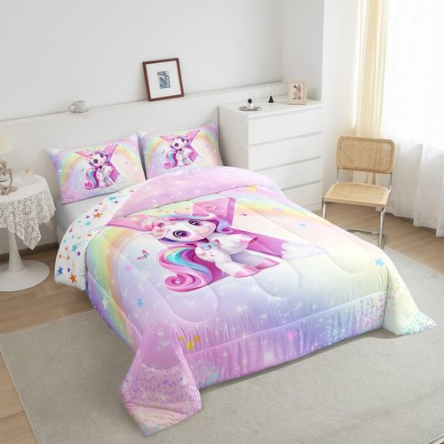 Rainbow Unicorn Comforter Set Twin,Purple Unicorn Kids Bedding Sets for Girls Alphabet Monogram X Bedding for Teens Children Adults Bedroom Decor All Season,Lovely Gradient Glitter Bed Duvet,Pink