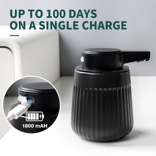 BosilunLife Ceramic Automatic Soap Dispenser with Extended Pump Nozzle, 3 Adjustable Levels, Touchless Foam Hand Wash Foaming Dispenser for Bathroom & Kitchen, Embossed Wave Design, Black, 10oz