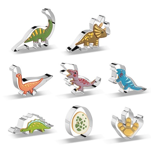 Dinosaur Cookie Cutters Set of 8 -Triceratops, Dinosaur-Egg, Dinosaur-Footprint, Stegosaurus, T-Rex, Baking Mold for Kids Theme Birthday Party Supplies Favors (Gift Box)