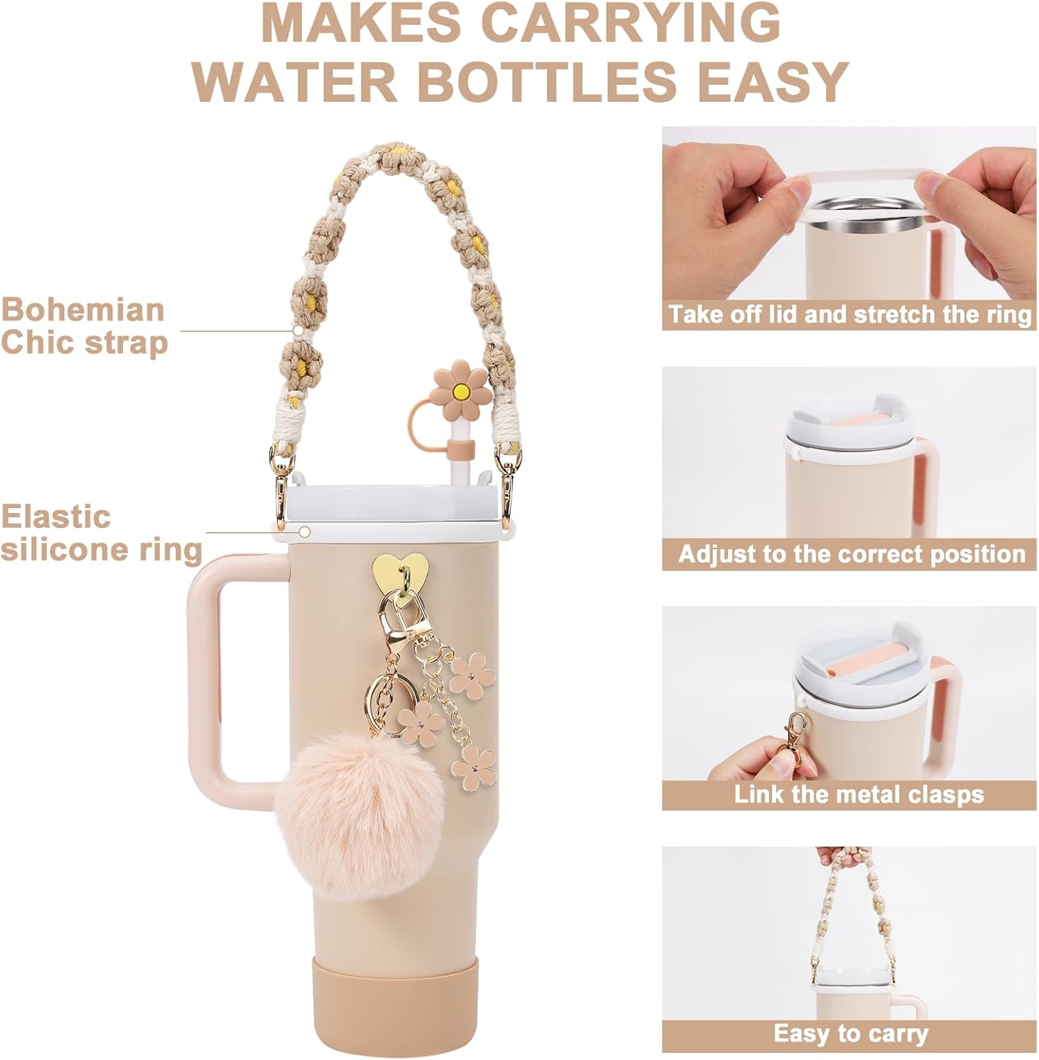Stanley Cup Accessories Set - Water Bottle Handle Strap, Silicone Boot & Straw Cover for 40oz & 30oz Tumblers