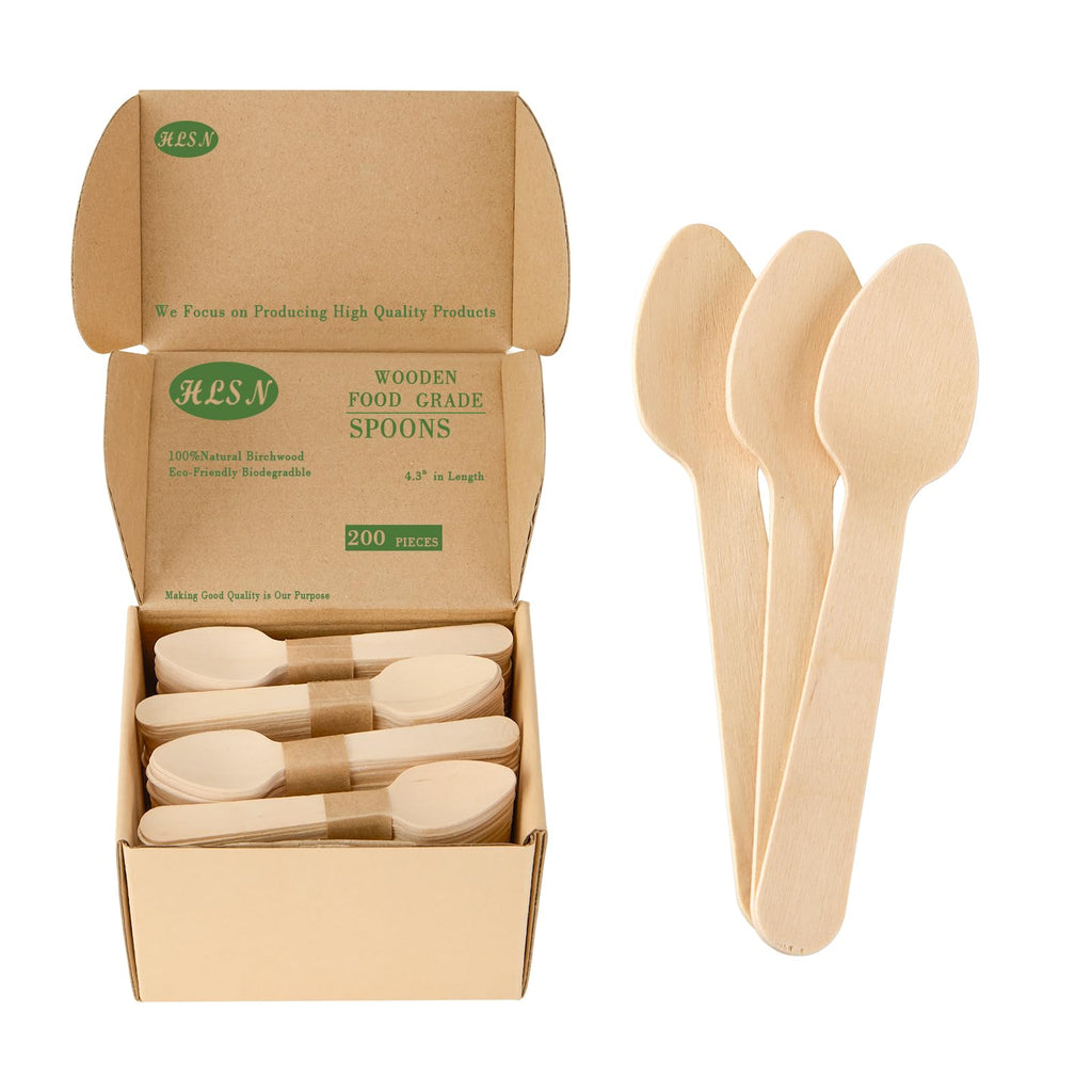 HLSN 200pcs 4 inch Mini Wooden Spoons, Biodegradable CompostableNatural Birchwood, Food Grade Disposable Wooden Cutlery for Parties, Weddings, Camping