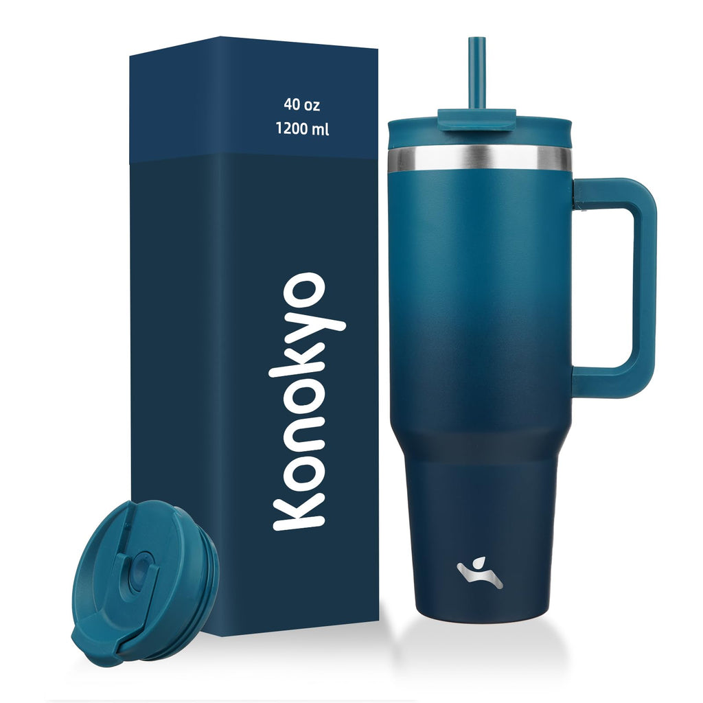 Konokyo 40 oz Tumbler with Handle and 2 Straws,2 in 1 Lid Insulated Water Bottle Stainless Steel Travel Coffee Mug,Indigo Black