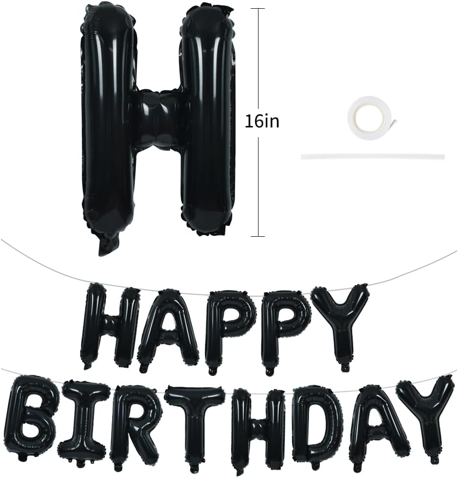 TONIFUL Black Happy Birthday Balloons Banner - 16 Inch Mylar Foil Letters for 30th, 40th, 50th, 60th Celebrations | Reusable Party Decor