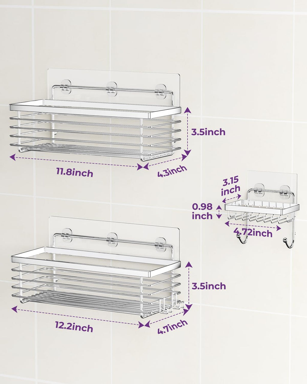 ODesign Shower Caddy - 3 Pack Stainless Steel Wall-Mounted Shelves | No Drilling, Rustproof, Silver