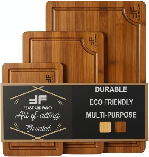 Bamboo Cutting Board Set - 3-Piece Wooden Chopping Boards with Deep Juice Grooves & Built-In Handles