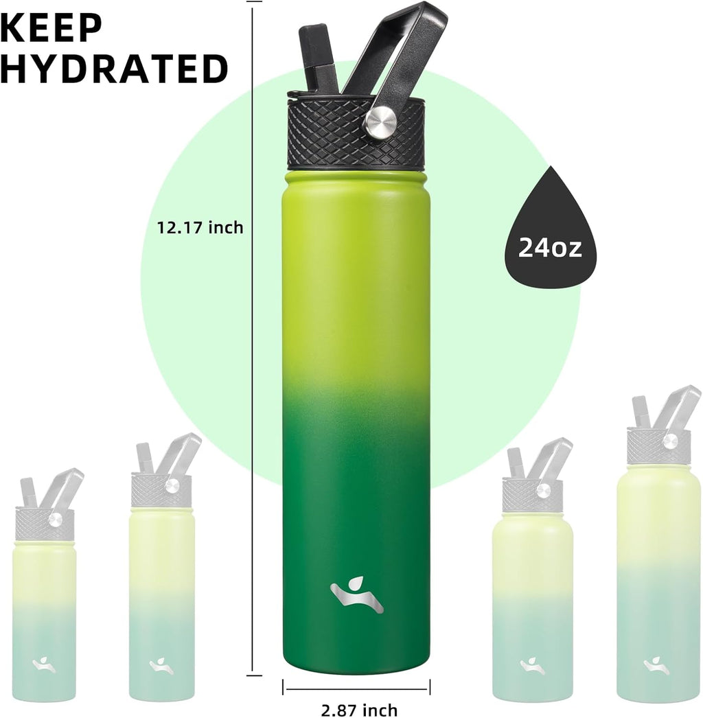 Skiennix Insulated Water Bottle - 24oz Stainless Steel Sport Bottle with 3 Lids | Bamboo Grove Design
