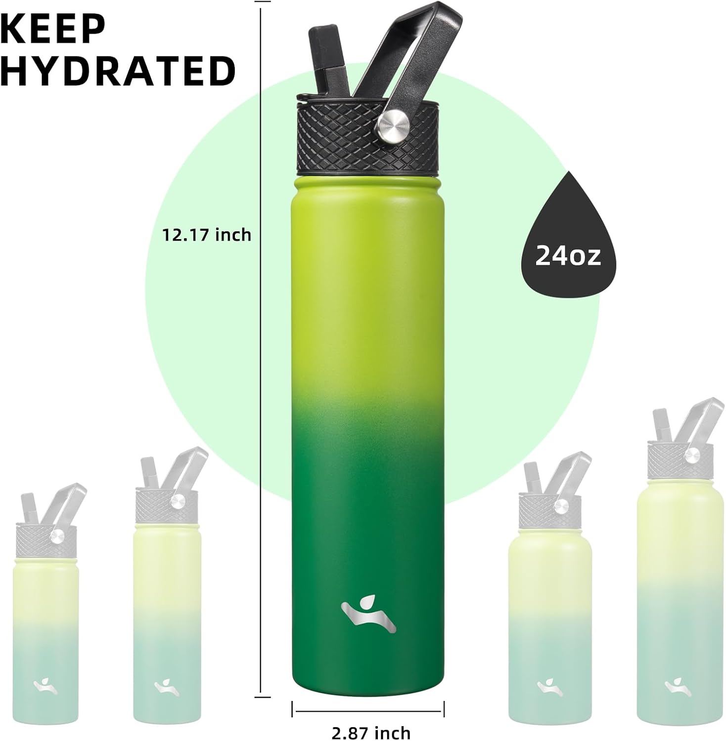 Skiennix Insulated Water Bottle - 24oz Stainless Steel Sport Bottle with 3 Lids | Bamboo Grove Design