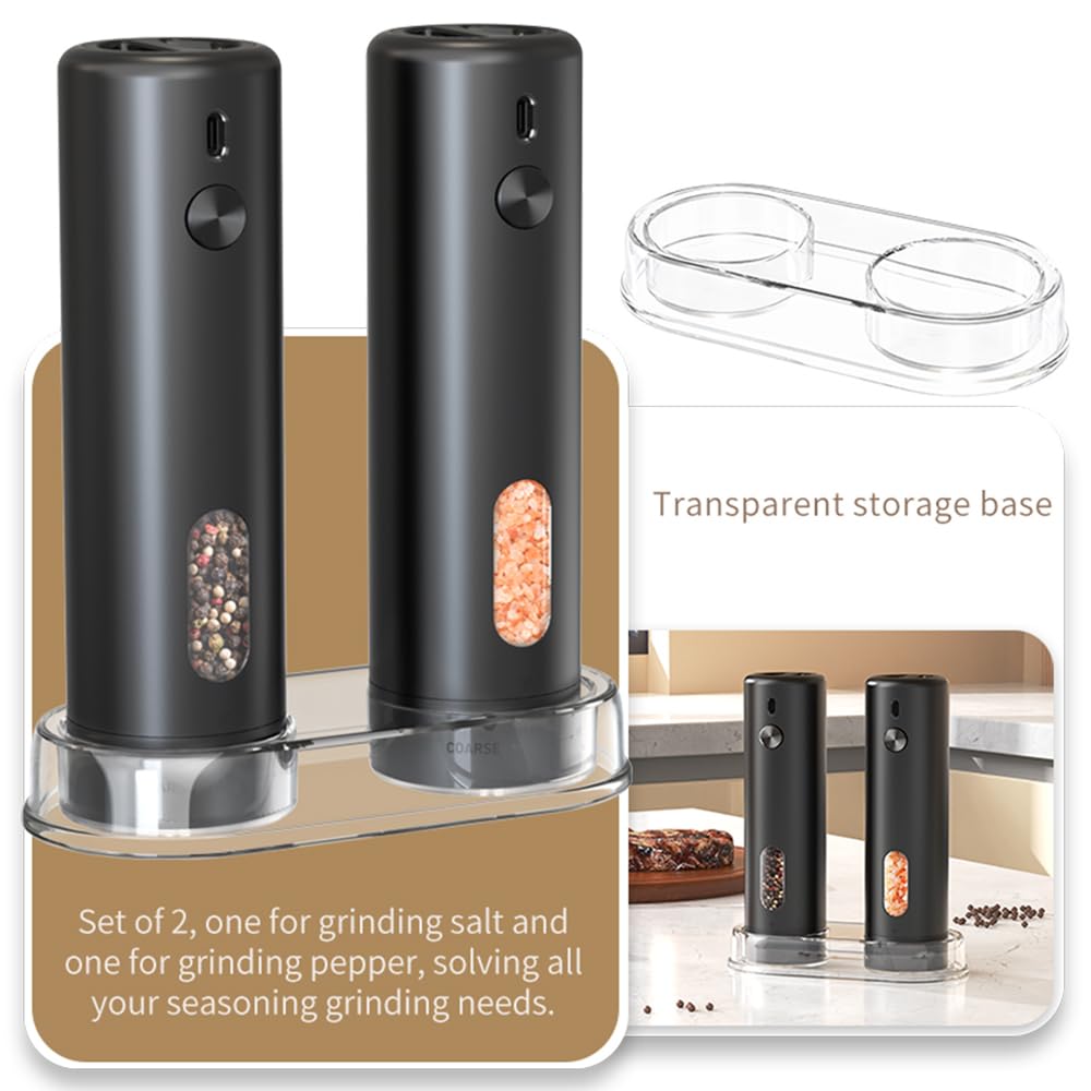 Rechargeable Salt and Pepper Shakers,Electric Salt and Pepper Grinder Set with LED Light for Kitchen, Adjustable 6-level with Base,2 Pack Set