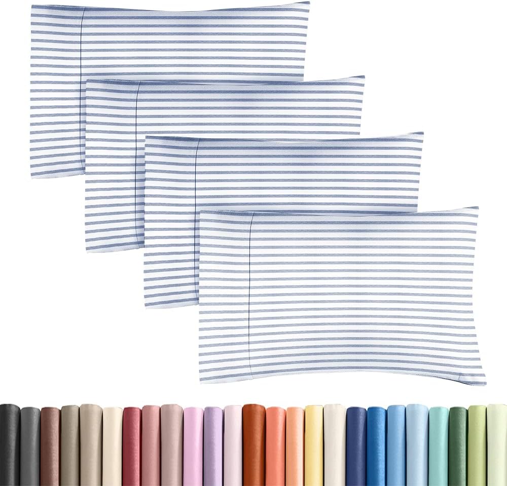 Skiennix Standard Pillow Cases Set of 4 - Soft Hotel Quality Covers | Cozy & Comfy Bedding - Blue Stripes