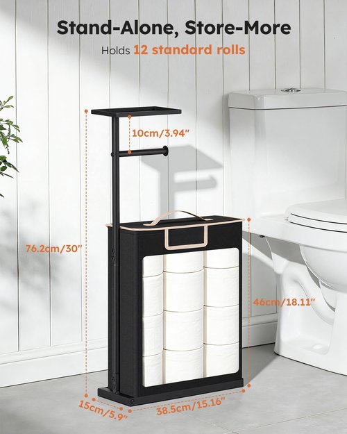 Freestanding Toilet Paper Holder Stand with Shelf for Up to 12 Rolls,Rustproof Metal Bathroom Toilet Paper Storage with Lid, All-in-One Toilet Tissue Roll Dispenser and Organizer,Black