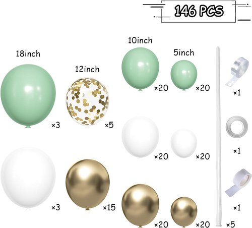 MEBAY Balloon Garland Kit - Sage Green & White Gold | 146 Pcs Latex Balloons in Various Sizes for Parties