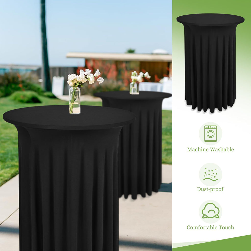 LOKUME 6 Pack Round Cocktail Table Skirts 32 x 43 Inch Black Spandex Cocktail Table Covers with Wavy Drapes Stretch Fitted Round High Top Tablecloths for Wedding Bar Party Banquet